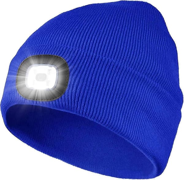 LED lysande stickad mössa varm mössa utomhus laddningsbar pannlampsmössa (blå)