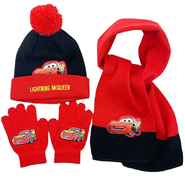 Barnbilar Mössa Halsduk Handskar Set Stickat Vinter Värmare Set Presenter 3-8 År Black Red