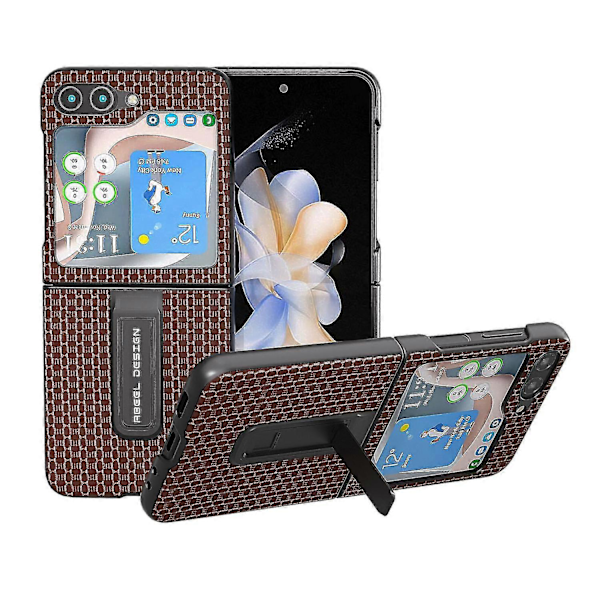 Lyxigt texturerat fodral med stativ i äkta kohudläder + PC-skal för Samsung Galaxy Z Flip5 5G Espresso