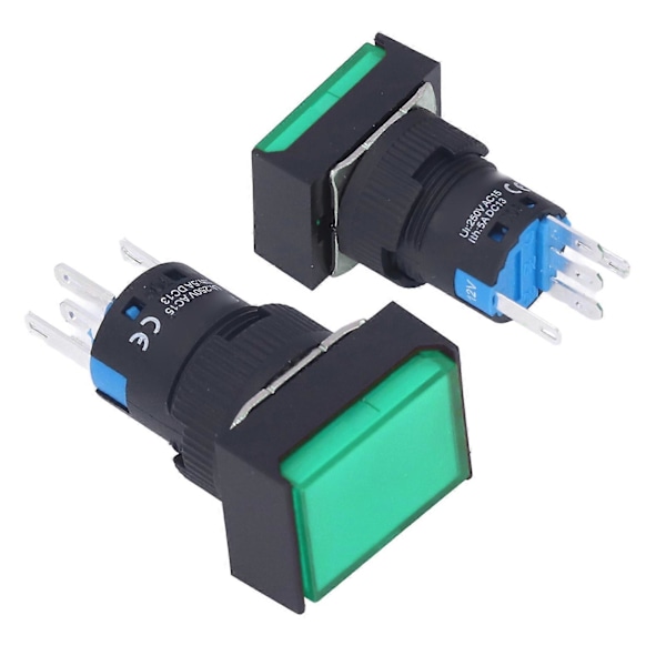 25 stk. Momentary Trykknap Kontakt Selvlåsende Rektangel med Lys 12V BEMLA1611DSJ 16mm (Grøn)
