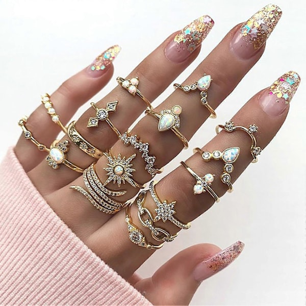 17 st Unika Graverade Stapelbara Knogringar Legering Boho Etnisk Stil Faux Ädelsten Fingerringar Smyckestillbehör