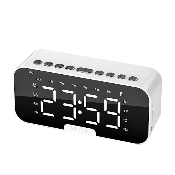 LED digital väckarklocka med Bluetooth 5.1 Uppladdningsbar Portabel Musikspelare Stöd TF-kort AUX-anslutning Vit