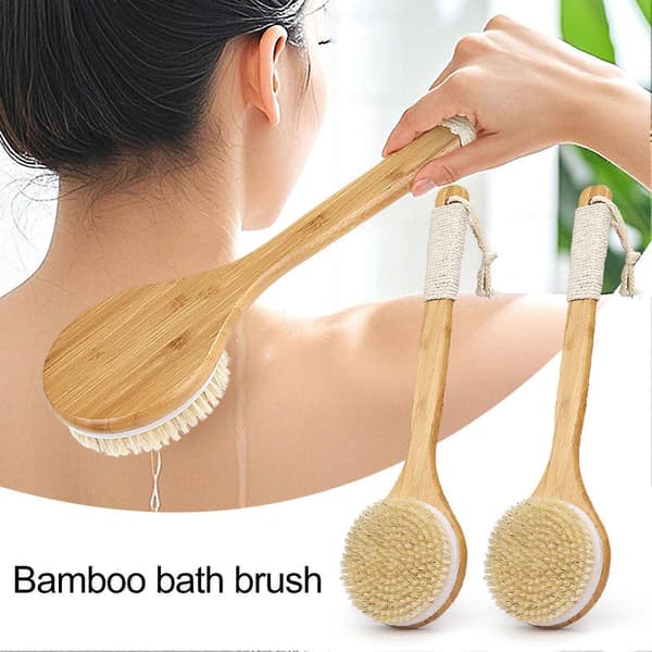Badborste med långt bambuskaft med snodd, halkfritt ergonomiskt grepp, torr kroppsskrubb, ryggmassageborste