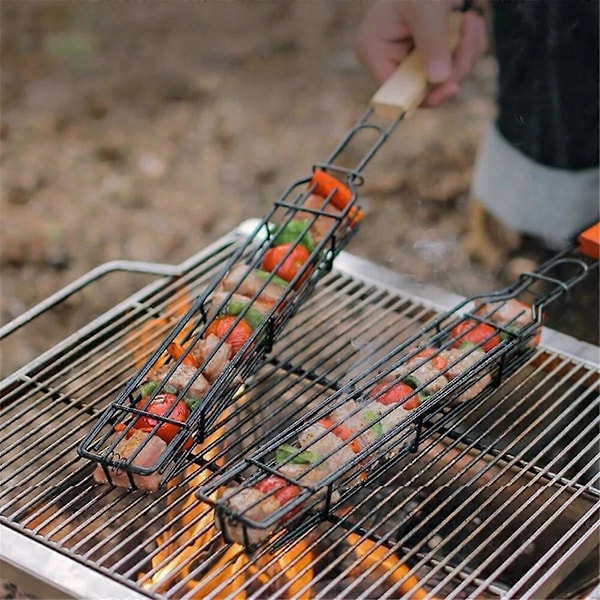 Grillkurv i rustfrit stål med træhåndtag, BBQ Grill Clip, Grillrist, Jern Grill