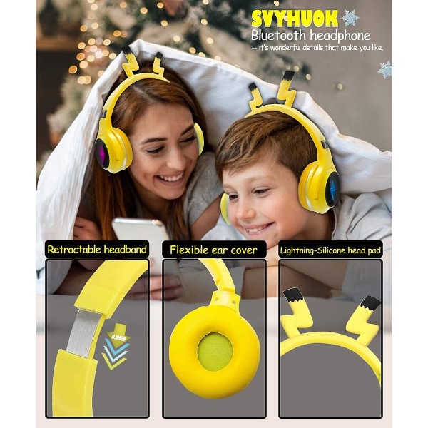 Barnhörlurar Gamingheadset med mikrofon, LED-ljus, hopfällbart stereo $ Barnhörlurar Bluetooth Stereoheadset med mikrofon Hopfällbart $ Barn Ste Pikachu yellow