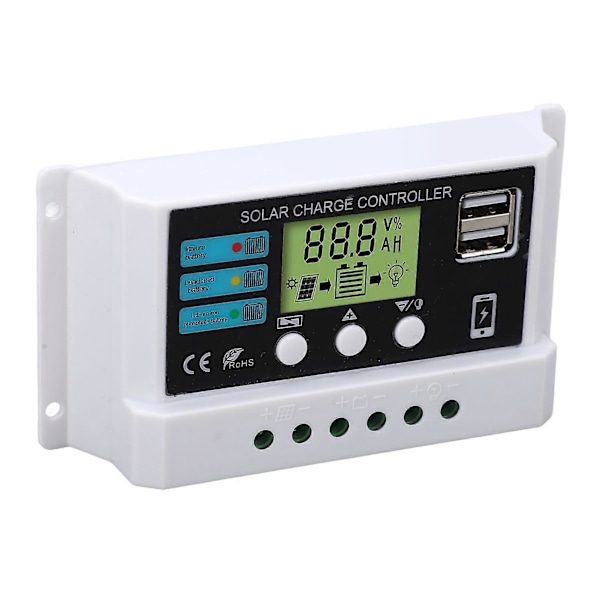 Solar Controller Industriel Chip LCD Display Overbelastningsbeskyttelse Solar Regulator 12V 24V Selvtillpassende Hvid 20A