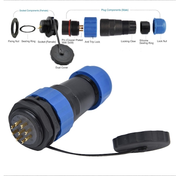 Vanntett Kobling Bakmutter IP68 Luftfart Strømkontakt 380V 10A for Kabel SP289 Pin