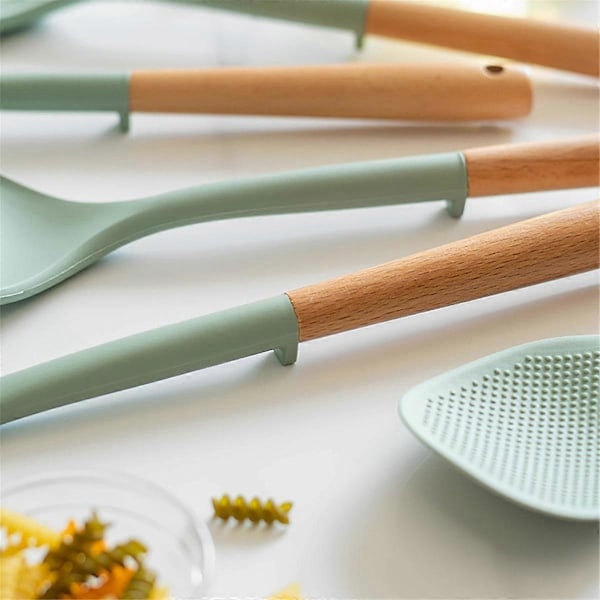 5 st Silikon Köksredskapsset med Trähandtag Non-Stick Spatel Matlagningsset Stekspatel Slev Rissked