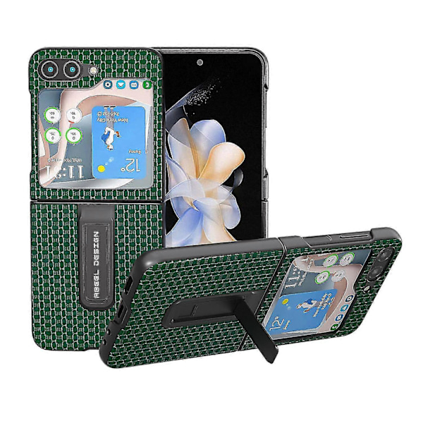 Lyxigt texturerat fodral med stativ i äkta kohudläder + PC-skal för Samsung Galaxy Z Flip5 5G Green