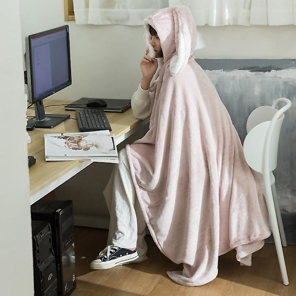 Söt Filt med Huva Djur Kaninöron Bärbar Mantel Filt Vinter Mjuk Varm Flanell Cape Soffa Sängöverkast Tupplur Barn Vuxen