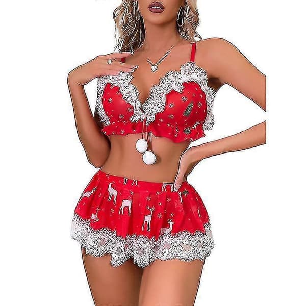 3 st Kvinnor Sexig Julunderkläder Set Tomte Kjol Uniform Underklädesset S