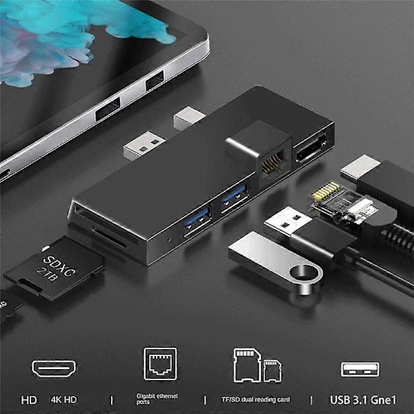 Dockningsstation Hub för Surface Pro 4 5 6 med 4K -Kompatibel TF-kortläsare Gigabit Ethernet 2 USB