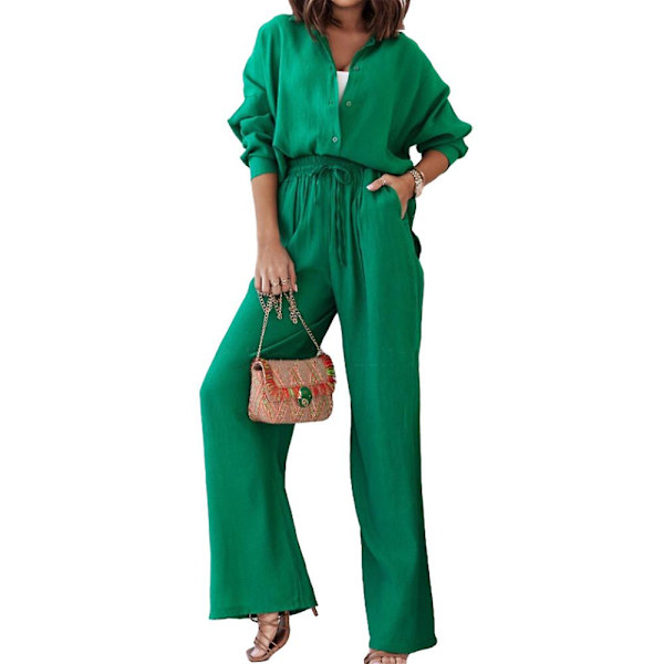Lös Dam Enfärgad Outfit Skjorta Toppar + Elastisk Hög Midja Vida Ben Byxor Set Lös Vardaglig Arbete Lounge Kläder Green 2XL