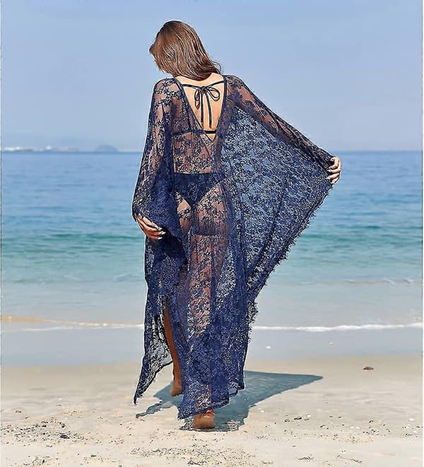 Strandkjole Boho Blonde Kimono Plus Size Bikini Morgenkåbe Badedragt Til Kvinder Ensfarvet Navy Blue
