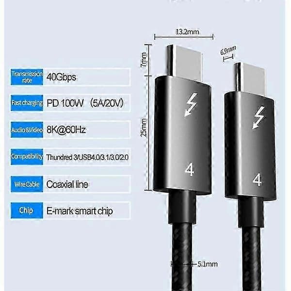 Thunderbolt 4-kabel USB C 8K 60Hz Certifierad 40Gbps Snabb Hastighet PD100W kompatibel med Macbook Pro Ace