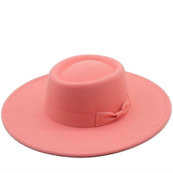 Hatter for menn og kvinner, bowlerhatt i ullfilt med sløyfe, flat topp, bred brem, lett, retro, klassisk Watermelon Red
