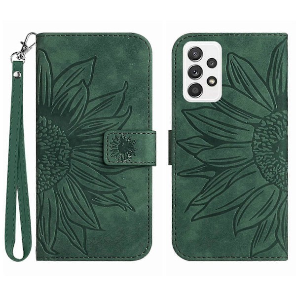 Samsung Galaxy A73 5G HT04 -kotelo, keinonahkaa, läppämalli, painettu auringonkukka, jalusta Dark Green