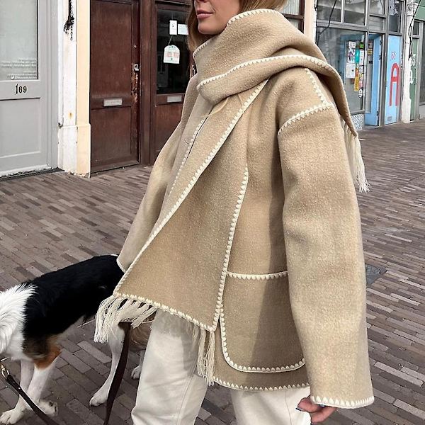 Mode Single-breasted Tassel Scarf Kavaj Fritids Tjock Långärmad Kavaj För Höst Vinter Grey M