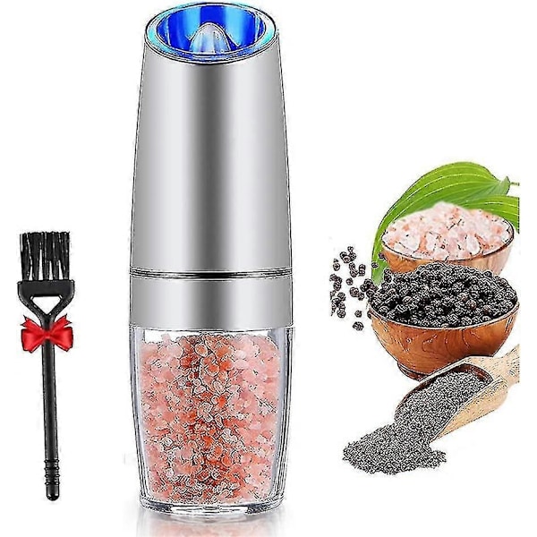 Elektrisk salt- og pepperkvernsett med tyngdekraft, automatisk pepper- og saltkvern, batteridrevet med justerbar grovhet, premium rustfritt stål