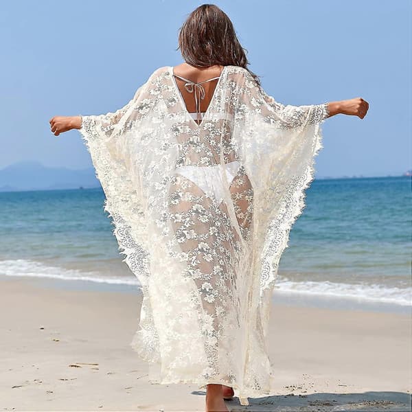 Strandkjole Boho Blonde Kimono Plus Size Bikini Morgenkåbe Badedragt Til Kvinder Ensfarvet Beige