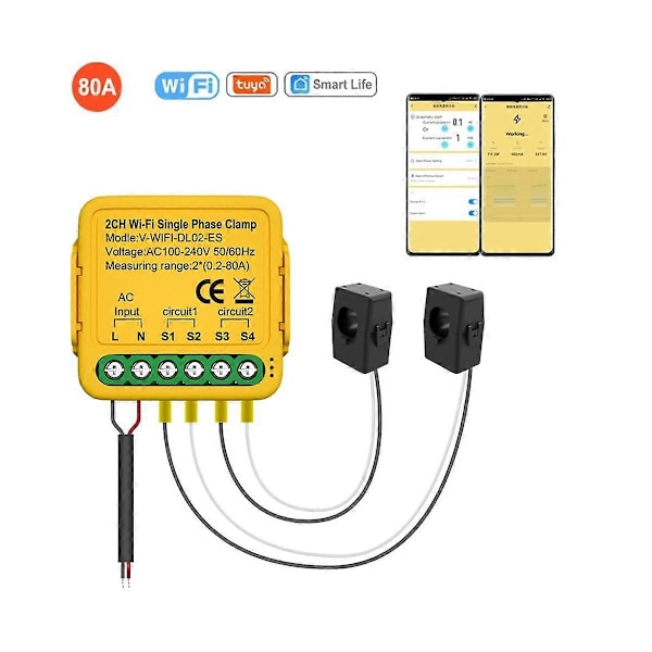 Tuya WiFi Effektmätare Monitor 2CH Realtids Energi Ström Monitor Automatisering Notifikationer Smart Life Fjärrkontroll