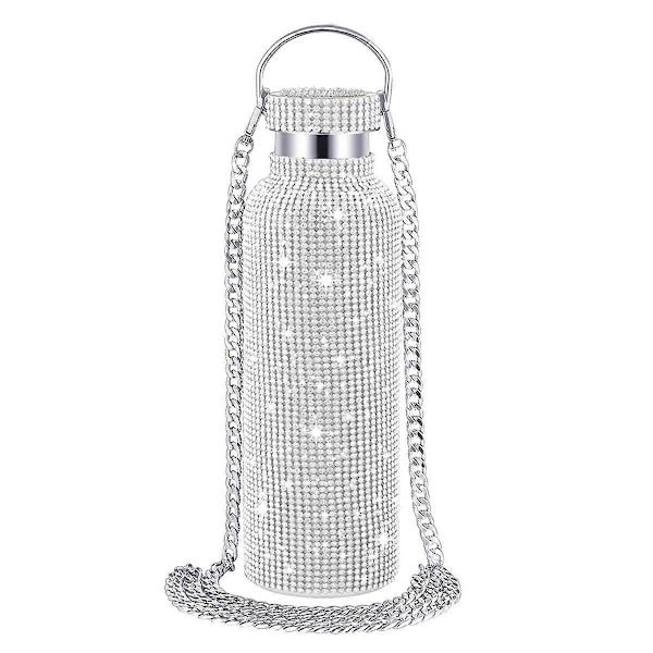 Bling Vattenflaska Silver Rhinestone Glitterflaska med Kedja Rhinestone-besatt Rostfri Stålflaska 500ml