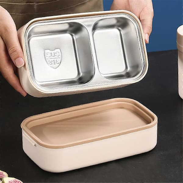 Dubbellagers Mikrovågsugnssäker Bento Box i Rostfritt Stål Läcksäker Lunchlåda Camping Portabel Bento Box med Isolerad Väska