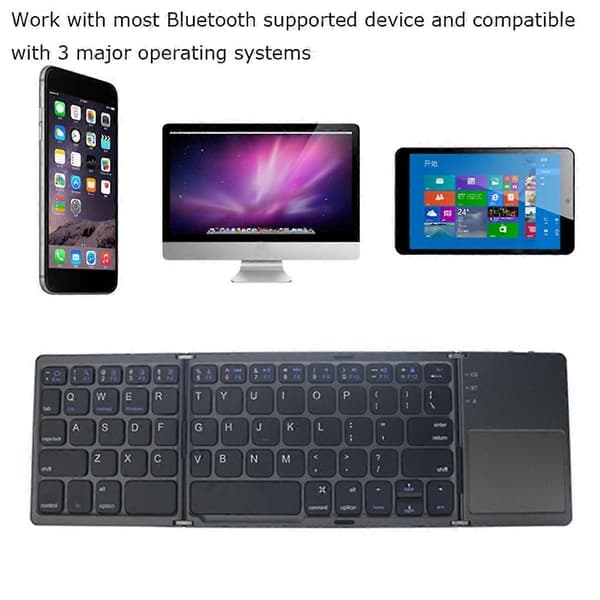 Mini Tri-Fold Trådlöst Bluetooth Tangentbord Portabelt Universellt Tangentbord Mus Touch Tangentbord för IOS Android Windows Vit