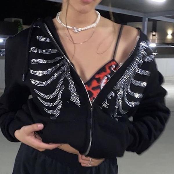 Dam Rhinestone Utskuren Hoodie Gotisk Dragkedja Streetwear XL