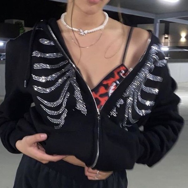 Hoodie med strass utskärning för dam Gothic Zipper Streetwear S