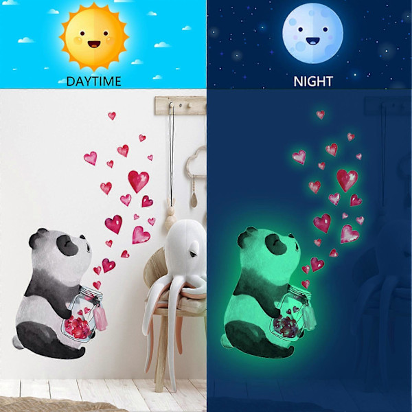 Valaiseva seinätarra, itseliimautuva, irrotettava, vahva tarttuvuus, hieno kuvio, helppo levittää, koristeellinen PVC-fluoresoiva, hehkuu pimeässä, sydänpanda