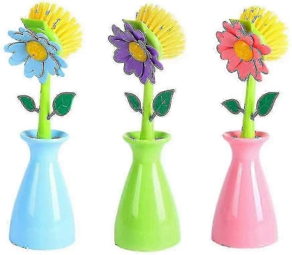 3-pack Köksborstar, Söta Blomformade Diskborste med Långt Handtag, Blå+Grön+Puder-Bra