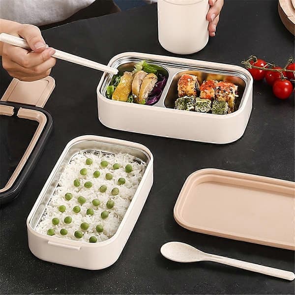Dubbellagers Mikrovågsugnssäker Bento Box i Rostfritt Stål Läcksäker Lunchlåda Camping Portabel Bento Box med Isolerad Väska