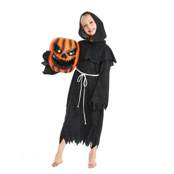 Boy Pumpkin Grim Reaper Halloween kostym Barn Skrämmande Fågelskrämma Pumpkin Bobble Head Dräkt Black 10-12 Years Old