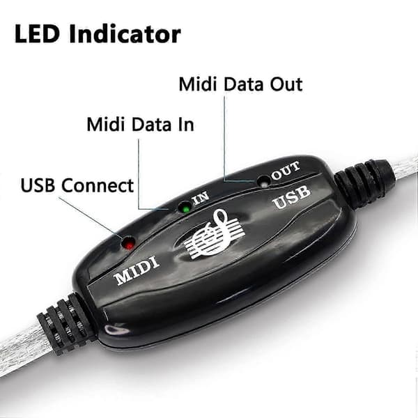 USB MIDI-kabeladapter, USB Typ A Hane till MIDI Din 5-Pin In-Out Kabelgränssnitt med LED-indikator