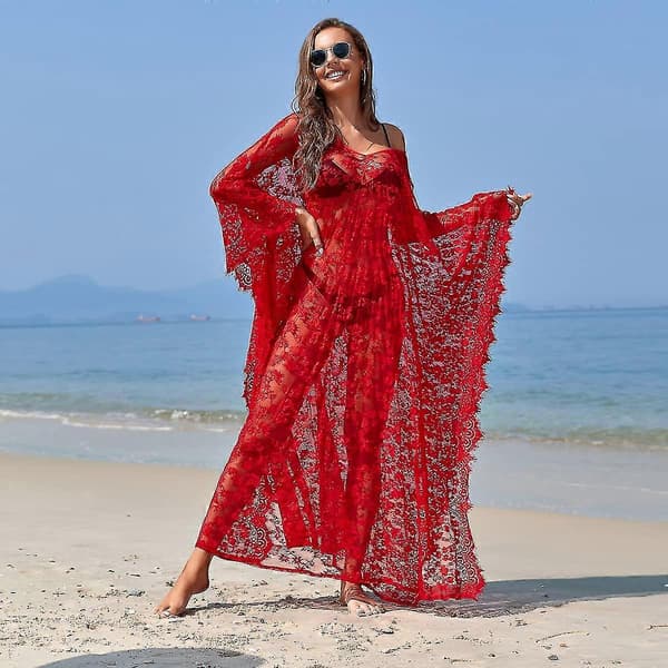 Strandklänning Boho Spets Kimono Plus Size Bikini Morgonrock Baddräkt för Kvinnor Enfärgad Red