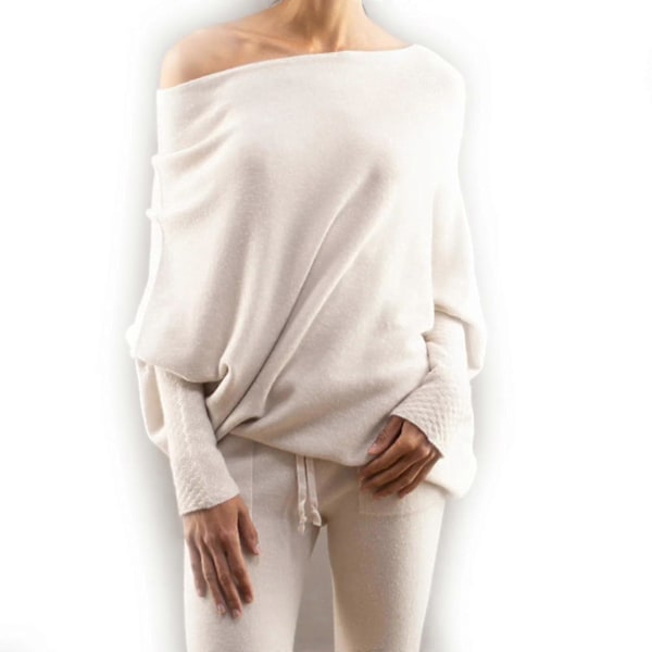 Asymmetrisk draperad tröja, en tröja lika mjuk som molnen, dam långärmad slapp batwing enfärgad mjuk stickad tröja White