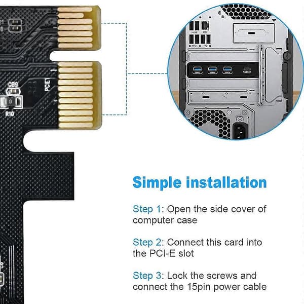 3A1C PCI-E till USB 3.0 4-Portars (1XUSB-C-3XUSB-A) Expansionskort, med 15-Pin SATA Strömkontakt, Lämplig för Windows