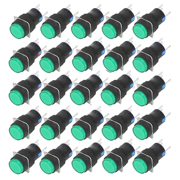 25 st Tryckknapp Momentan Självlåsande 5 Stift 16mm med Lampa 24V Set Kit för Utrustning Grön