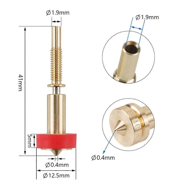 4 stk. Messing Titanium Dyse 0,25/0,4/0,6/0,8 mm Heatbreak Messing Titanium Dyse til Hotend Ekstruder