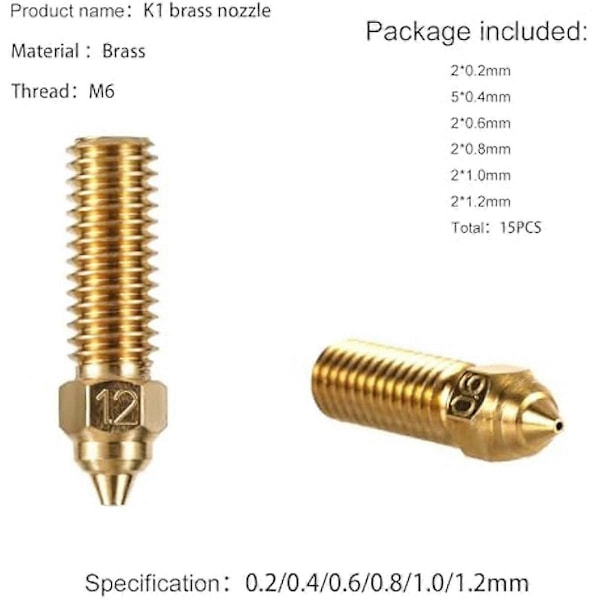 15 stk. Messing Dyser Kit, K1 Dyse Kit til 3D Printer Dyse Kit Printer Dele & Tilbehør til K1, K1 Max