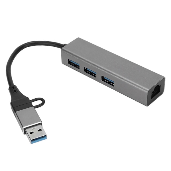 USB3.0 Hub 5Gbps Plug and Play 4 Port Alumiiniseos USB C - RJ45 -sovitin Windowsille, Linuxille ja OS X:lle, hopeanharmaa