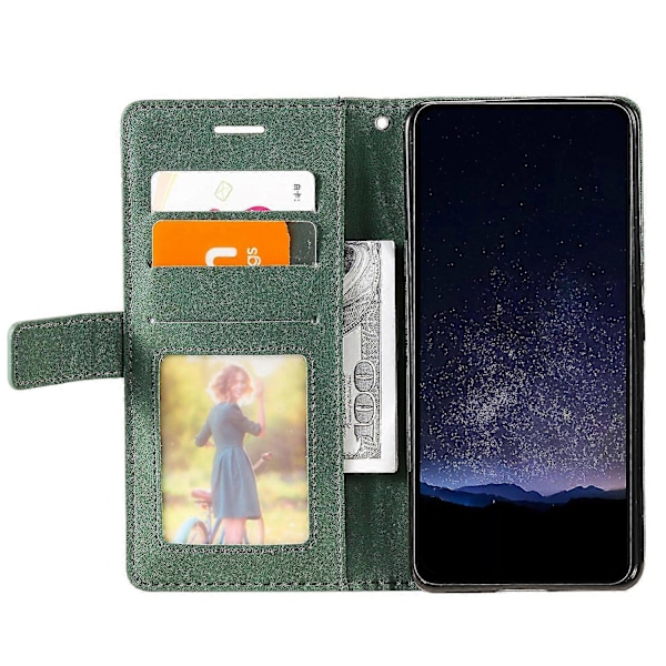 Til Samsung Galaxy Xcover 5 Wallet Case Linjer Præget PU Læder Telefon Bagcover Green