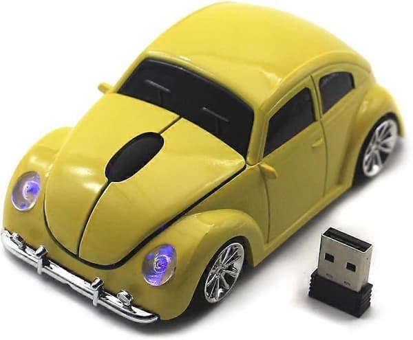 Bilformet trådløs mus for bærbar og stasjonær datamaskin med 2,4 GHz USB-mottaker og LED-frontlys (Gul)