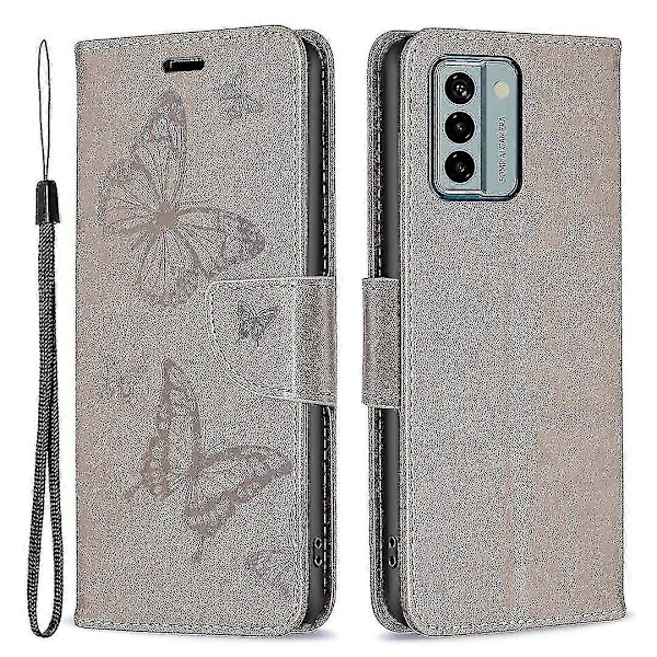 For Nokia G22 Sommerfugl Preget Lommebok Stativ Telefon Lærveske Deksel Med Stropp Grey
