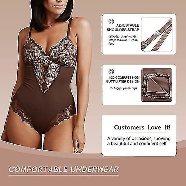 Tflycq Spetsbody för Kvinnor Magekontroll Shapewear V-ringad Rygglös Linne Ärmlös Slimmande Toppar Brown S