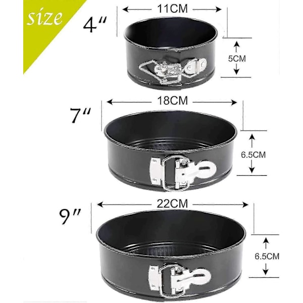 3 st Kakformar (4\"/7\"/9\"), 3-vånings Rund, Kolstål Svart, Springform Kakform (11cm+18cm+22cm)