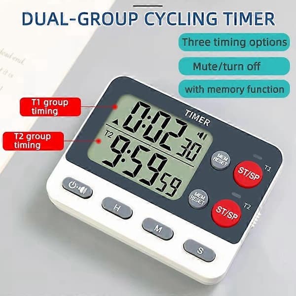 Digitalt Kök Dubbel Grupp Cykel Timer Tre Tidsinställningsalternativ, Tyst/Stäng Av Minnesfunktion Timer för Matlagning Studier