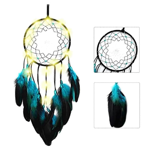 1 Sæt Drømmefanger Blåt Træ med Fjer med LED Lampe, Håndlavede Indiansk Traditionel Cirkulær Net til Vægophæng Deco