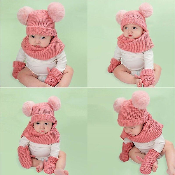 Barn Mössa Halsduk Vantar Set Pom Pom Varm Vinter Stickad Mössa Vantar Beige